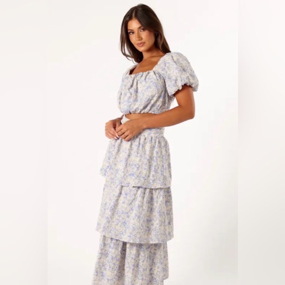 Floral Tiered Maxi Skirt - Blue/White